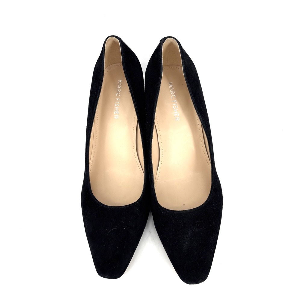Marc Fisher Keri Suede Pumps 8W Black Slip On Almond Toe Block Heel Career